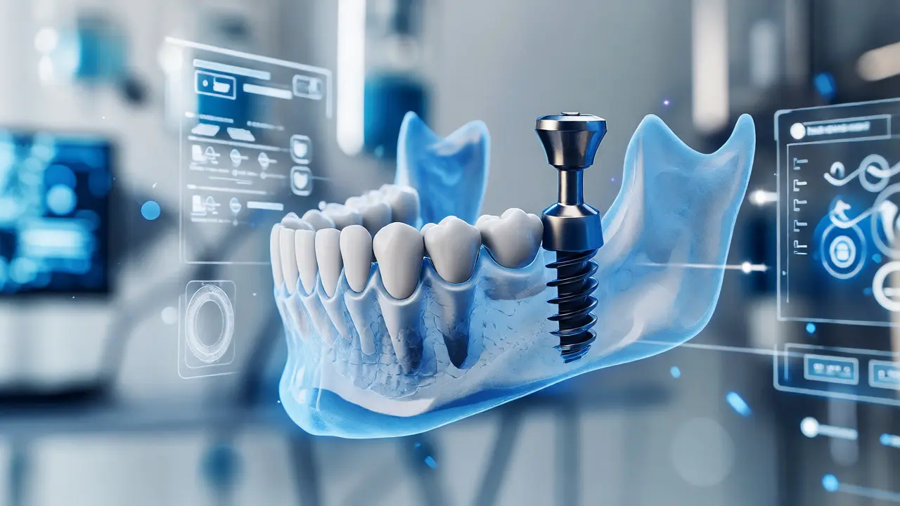 Digitální 3D model čelisti s titánovým implantátem