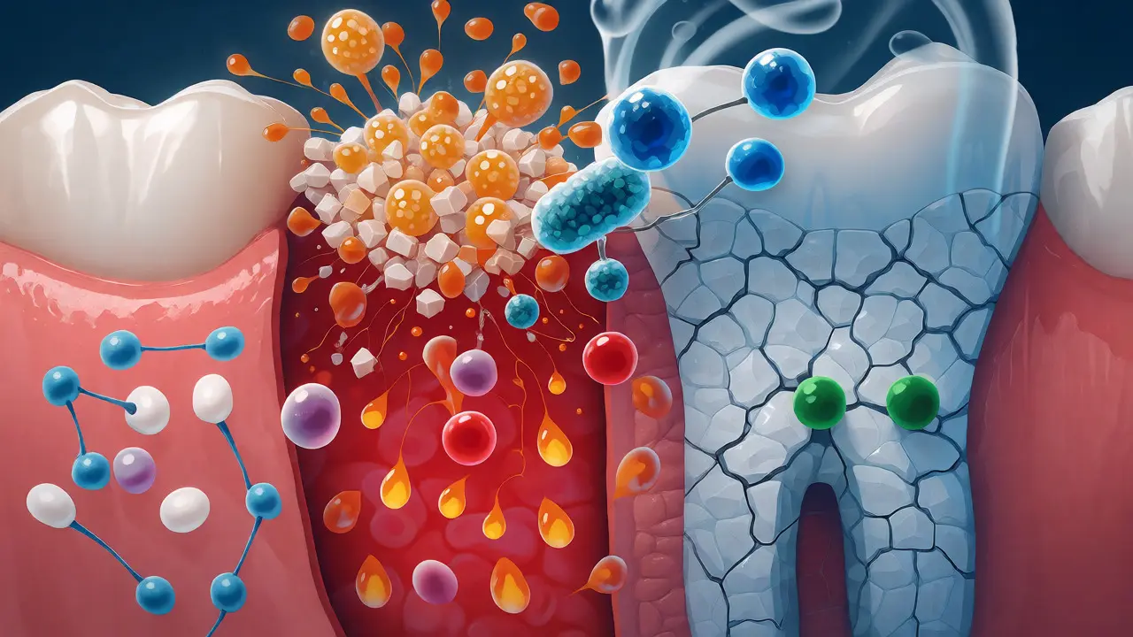 Ilustrace chemického procesu demineralizace a remineralizace zubní skloviny