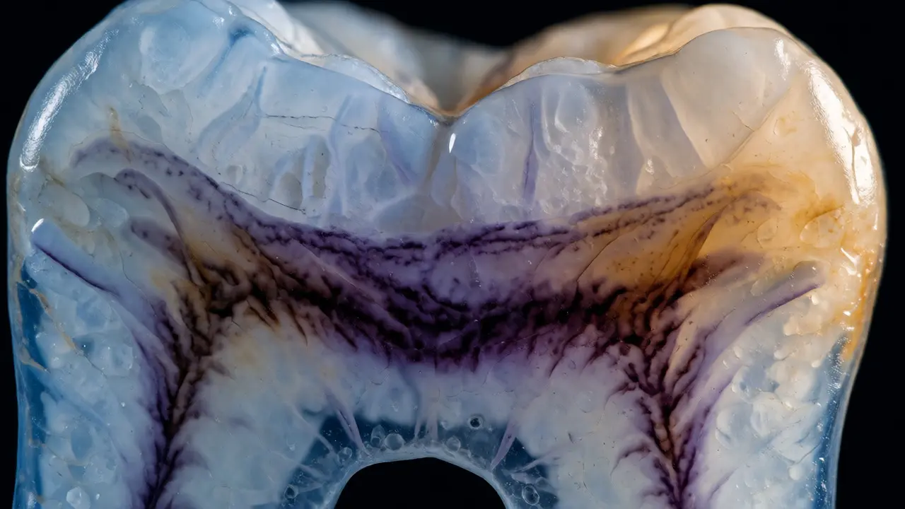 Makro pohled na řez zubem s tmavými pigmentovými pruhy uvězněnými uvnitř skloviny a dentinu.