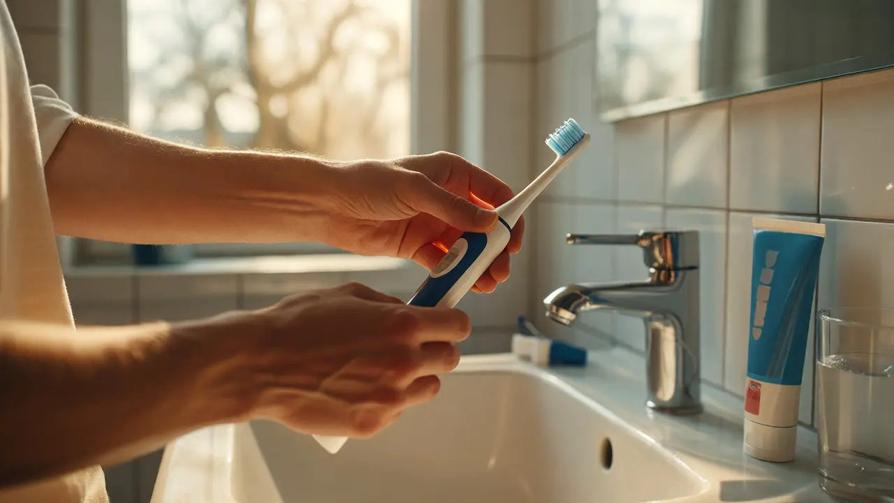 Osoba čistící si zuby elektrickým kartáčkem pod správným úhlem u dásní